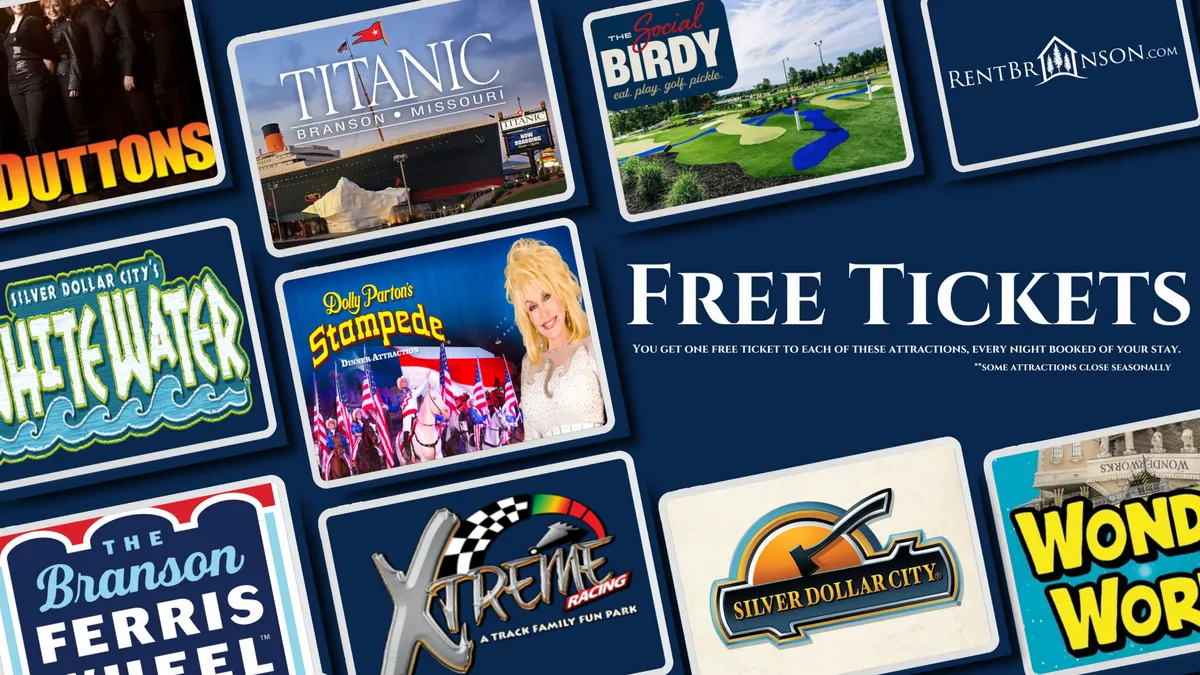 A close-up of a table featuring a collection of tickets to popular Branson attractions, including Silver Dollar City, set alongside a sign promoting free admission offers. The scene is vibrant and hints at the variety of fun experiences available nearby, with bright colors and family-friendly vibes.